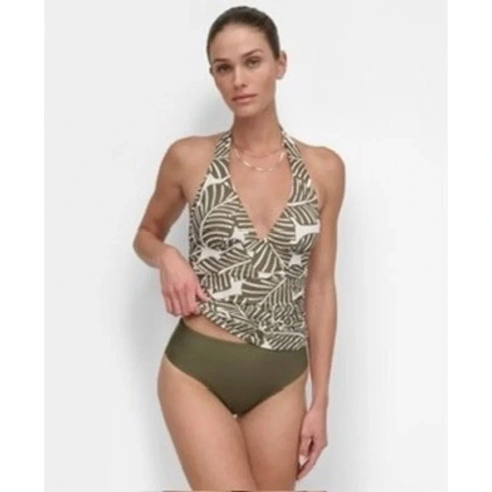 NWT DKNY Tankini Swim Top Womens Olive Green Tropical Palm Leaf Halter Small $60